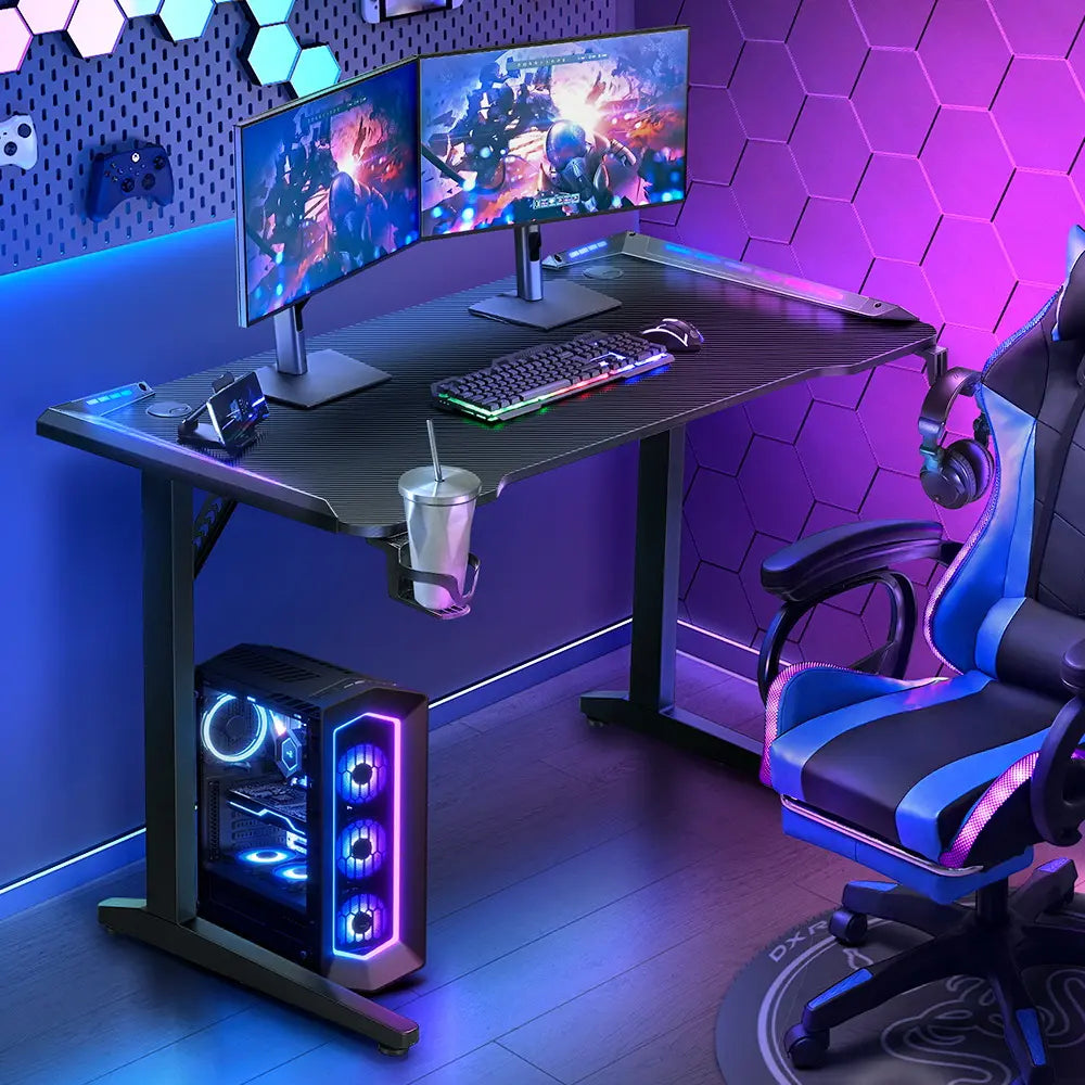  An ergonomic gaming chair paired with a sleek desk, designed for optimal comfort and productivity during gaming sessions.