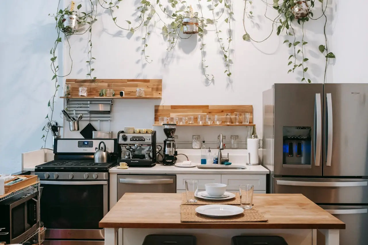  A modern kitchen and dining area featuring elegant furnishings and a warm, inviting atmosphere for family gatherings.