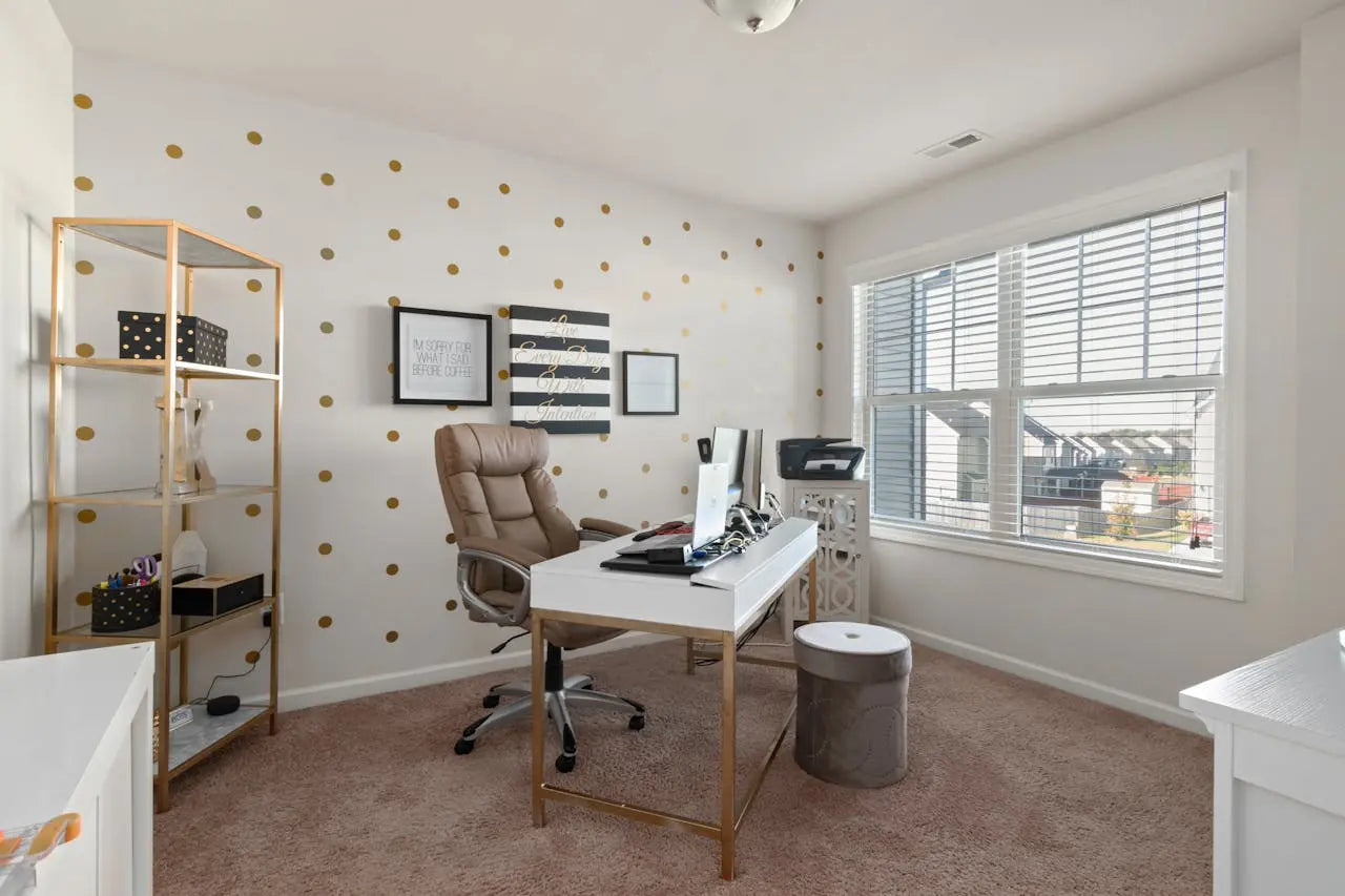  A modern office space featuring desks, computers, and ergonomic chairs, designed for productivity and collaboration.