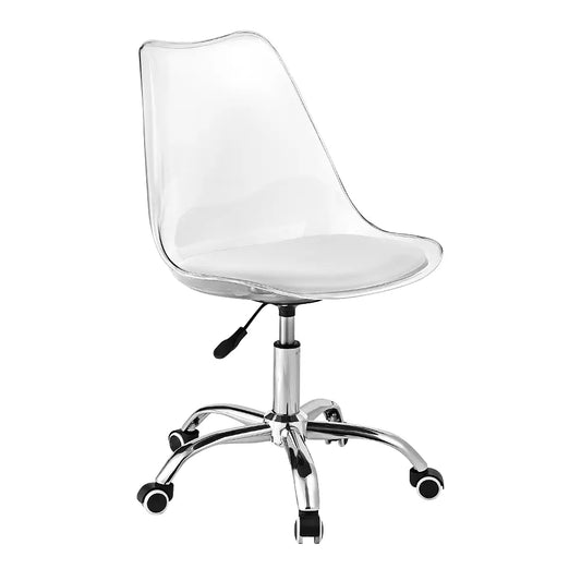 A modern acrylic office chair featuring a sleek design, transparent seat, and sturdy base, ideal for contemporary workspaces.
