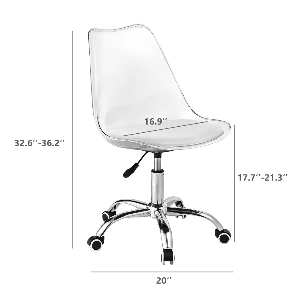  A stylish acrylic office chair characterized by its transparent structure and durable base, suitable for enhancing office aesthetics.