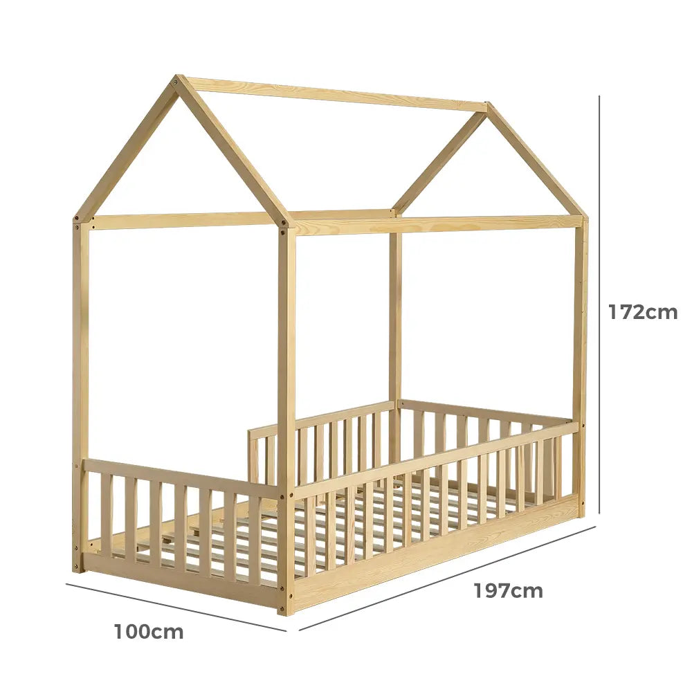 Side view of Bailey kids bed frame with security rail for safety