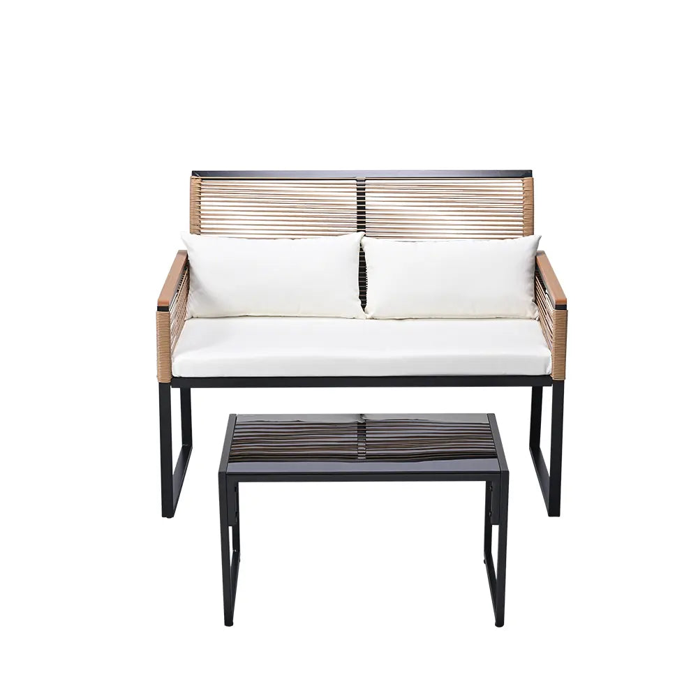 Loveseat and side table set styled for a porch with modern decor